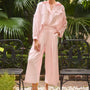 The Whisper Pant in Pink Sand paired with the matching Evangeline Shirt.
