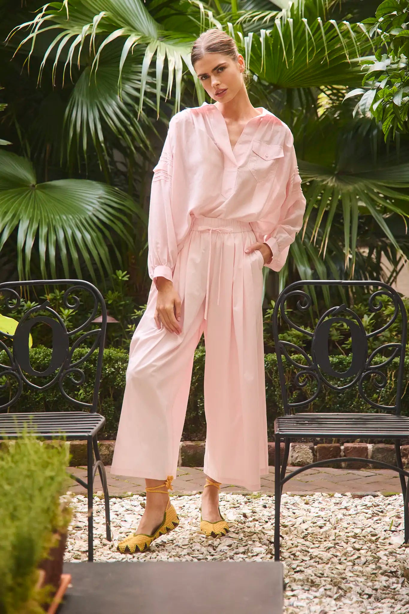 The Whisper Pant in Pink Sand paired with the matching Evangeline Shirt.