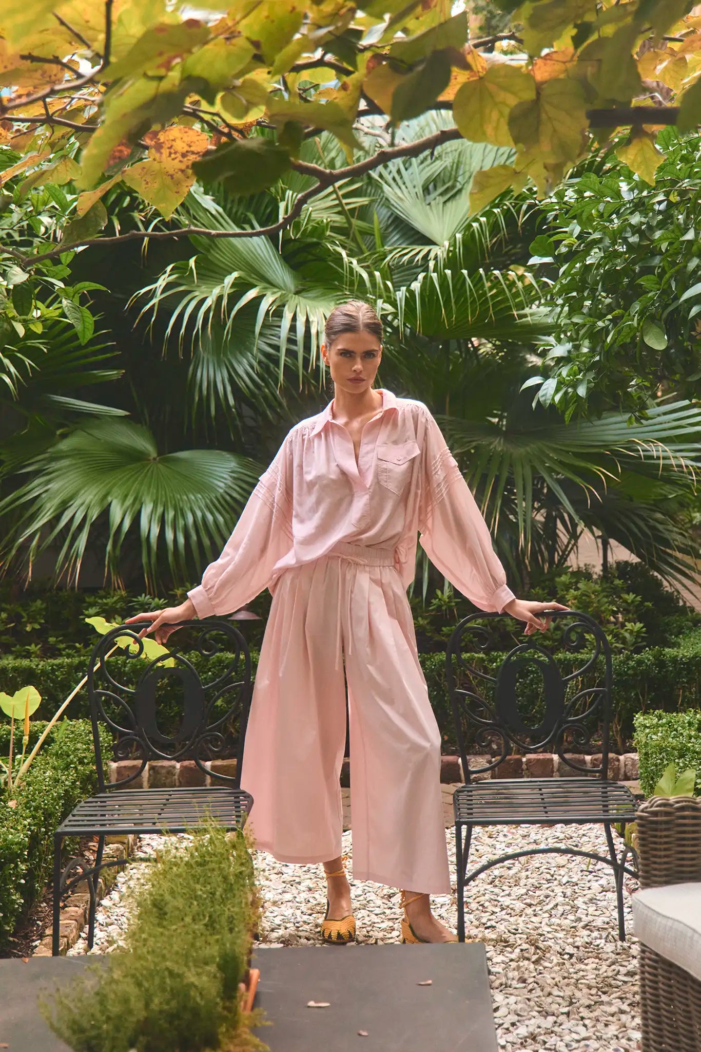 The Whisper Pant in Pink Sand paired with the matching Evangeline Shirt.