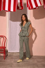 The Everly Top with matching Juno Pants in Hamilton Check paired with pale yellow shoes.