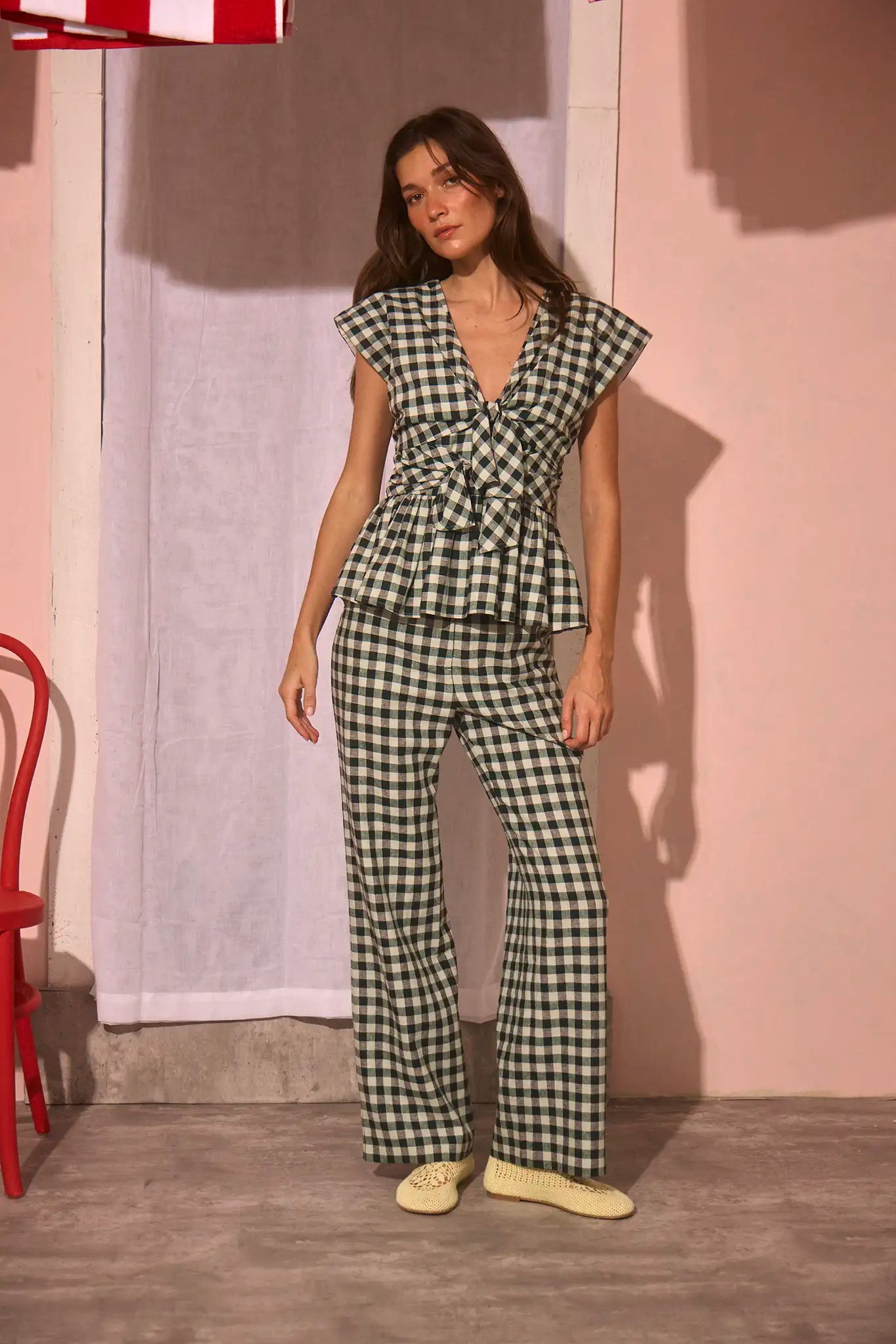 The Everly Top with matching Juno Pants in Hamilton Check paired with pale yellow shoes.