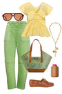 The Everly Top in Lemon Meringue styled with the Mallory Pants in Leaf Green Denim.