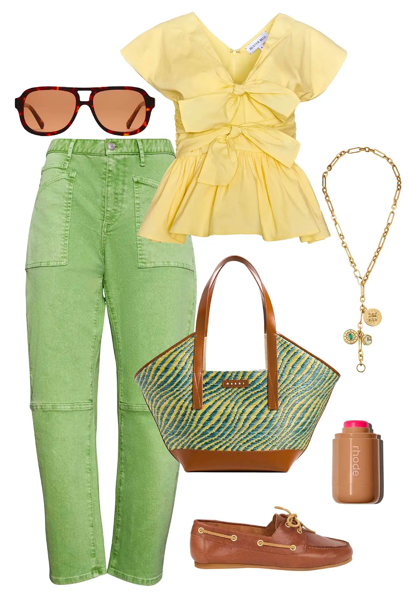 The Everly Top in Lemon Meringue styled with the Mallory Pants in Leaf Green Denim.