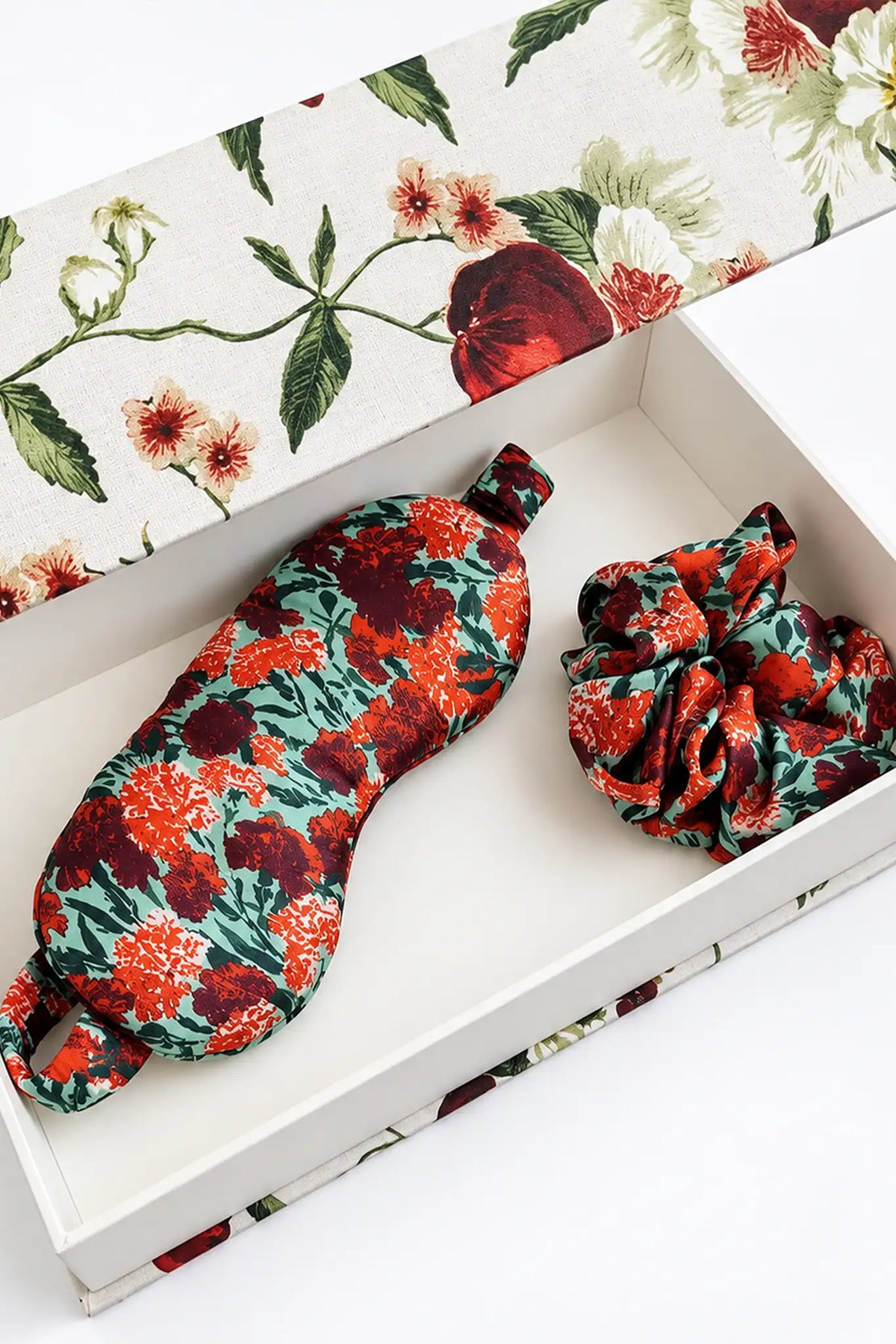 Crimson Blossom eye mask and scrunchie in the Camellia gift box.
