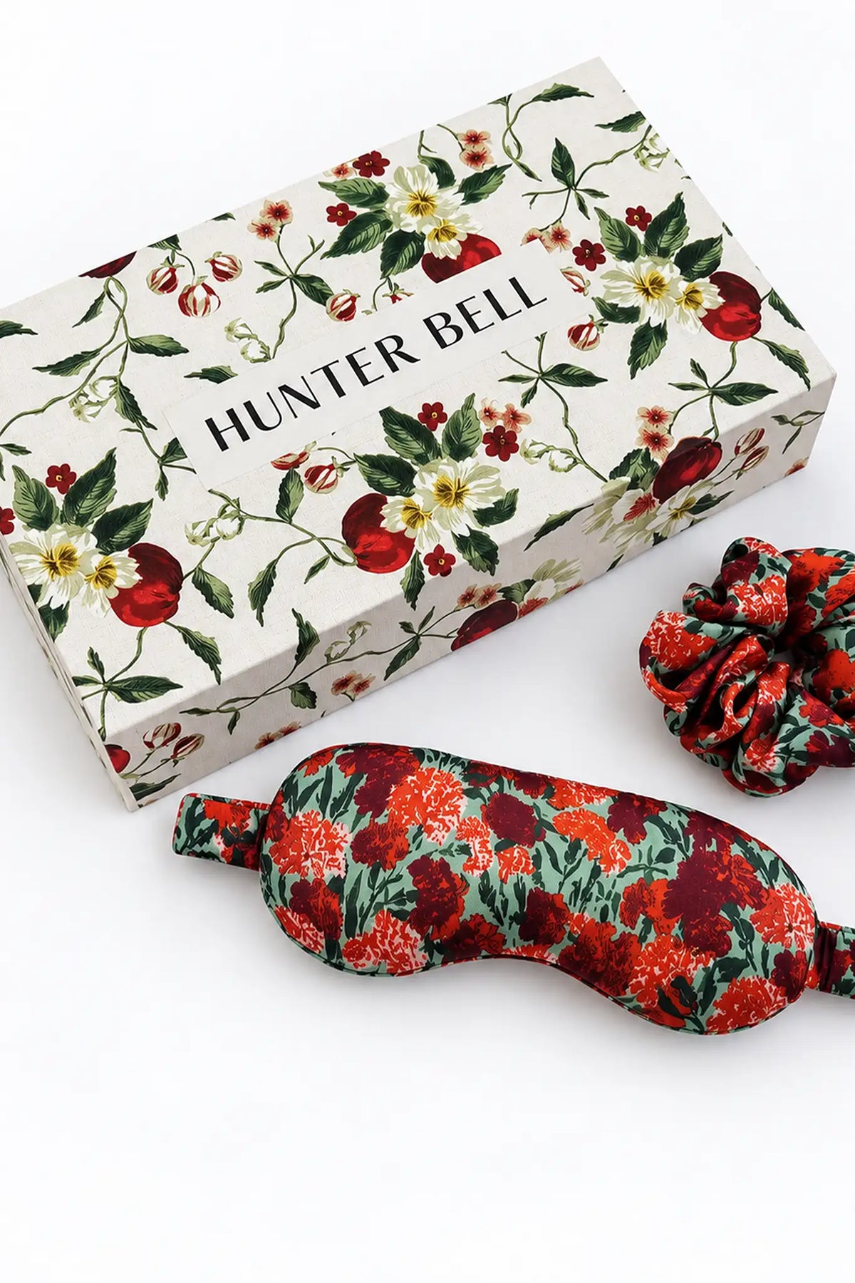 Crimson Blossom eye mask and scrunchie in the Camellia gift box.