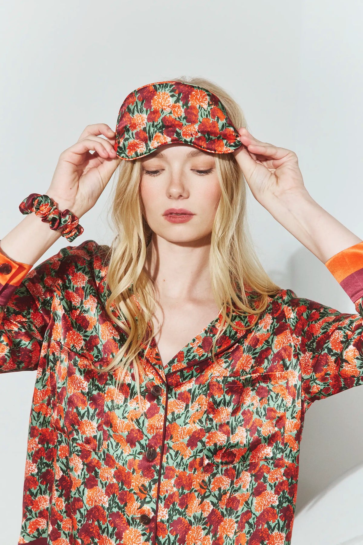 The Blossom Eye Mask & Scrunchie in Crimson Blossom paired with the matching Roxy Top.