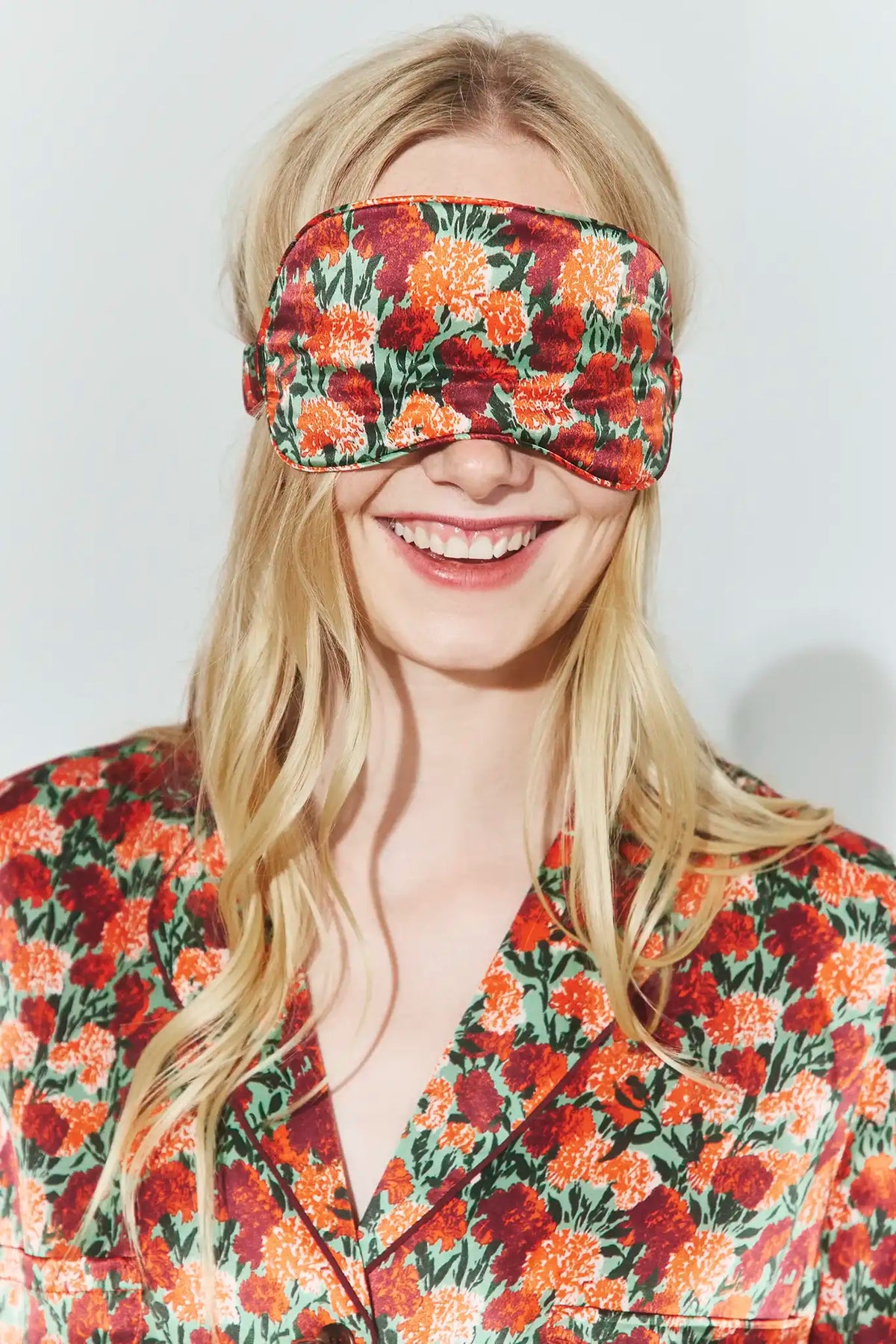 The Blossom Eye Mask & Scrunchie in Crimson Blossom paired with the matching Roxy Top.
