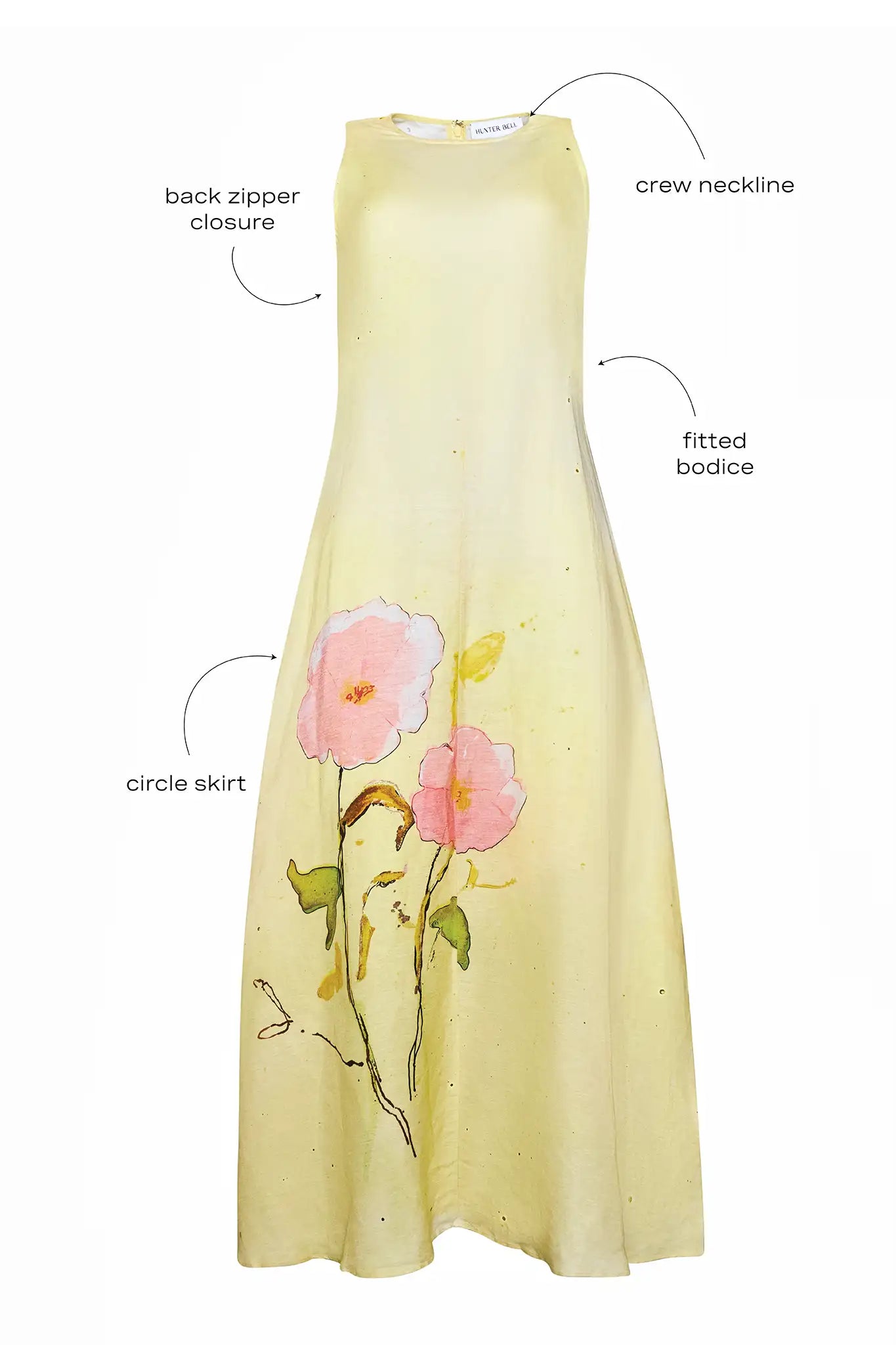 The Faith Dress, sleeveless fit and flare midi dress, in Quiet Bloom with call outs.