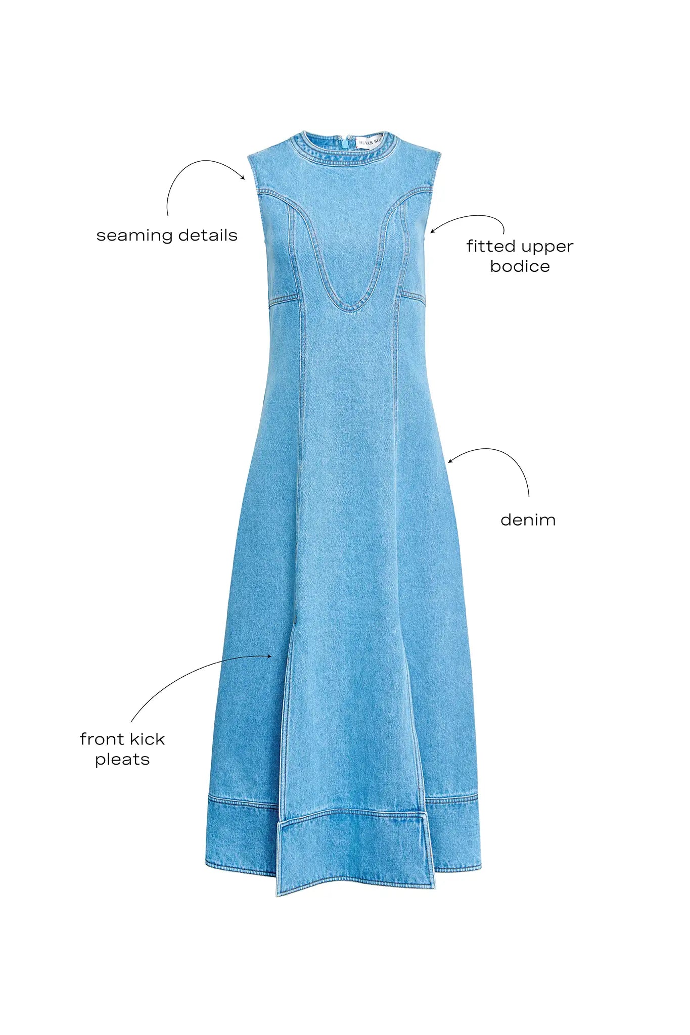 The Sedona Dress has a sleeveless crew neck, detailed seaming, a fitted bodice, and kick pleats.