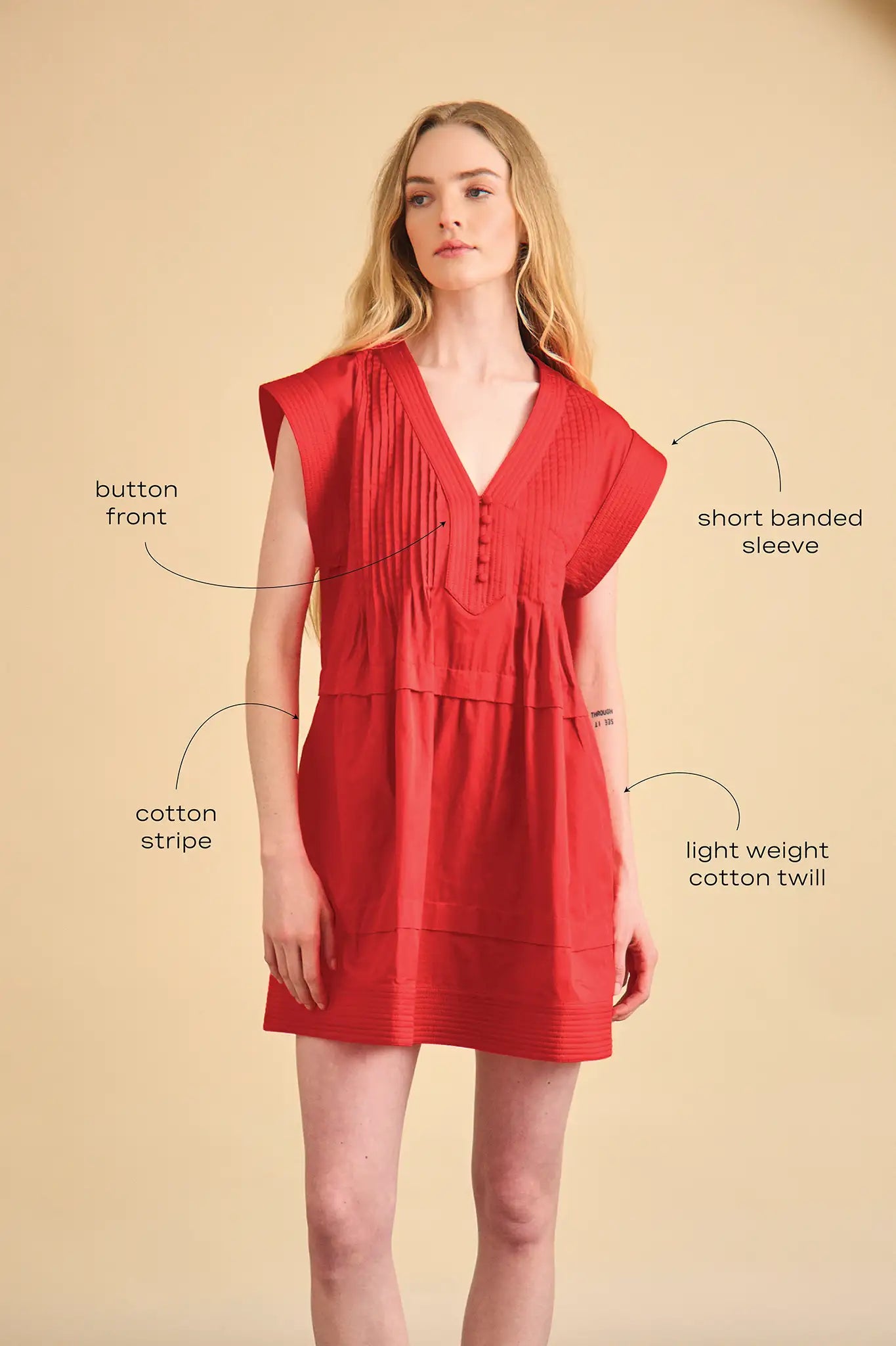 The Parker Dress has a V-neckline, front placket, banded cap sleeves, and side seam pockets.