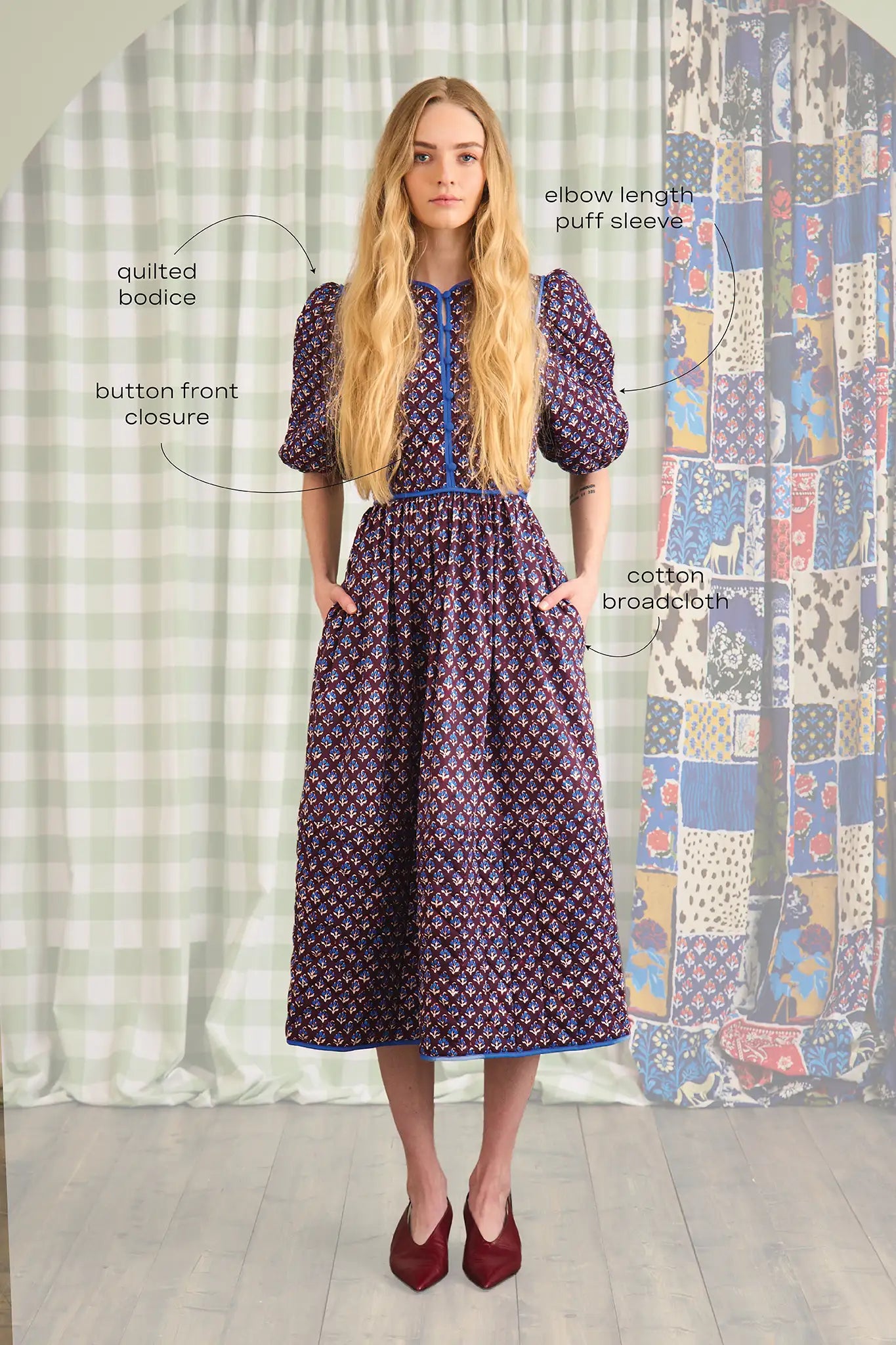 The Brenner Dress has a button-front placket with mini quilting and reverse contrast trim.