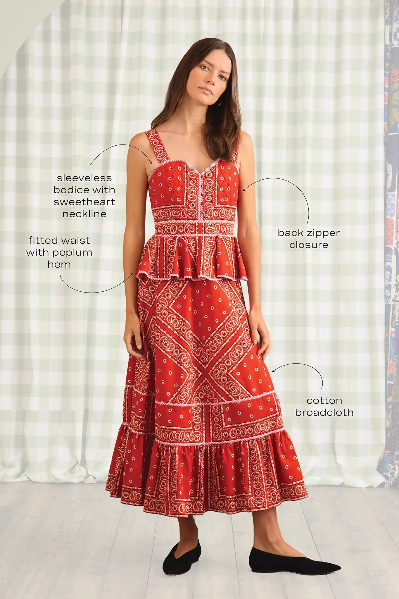 The Lacey Dress has a sweetheart neckline, quilted fitted bodice, peplum detail and contrast trim.