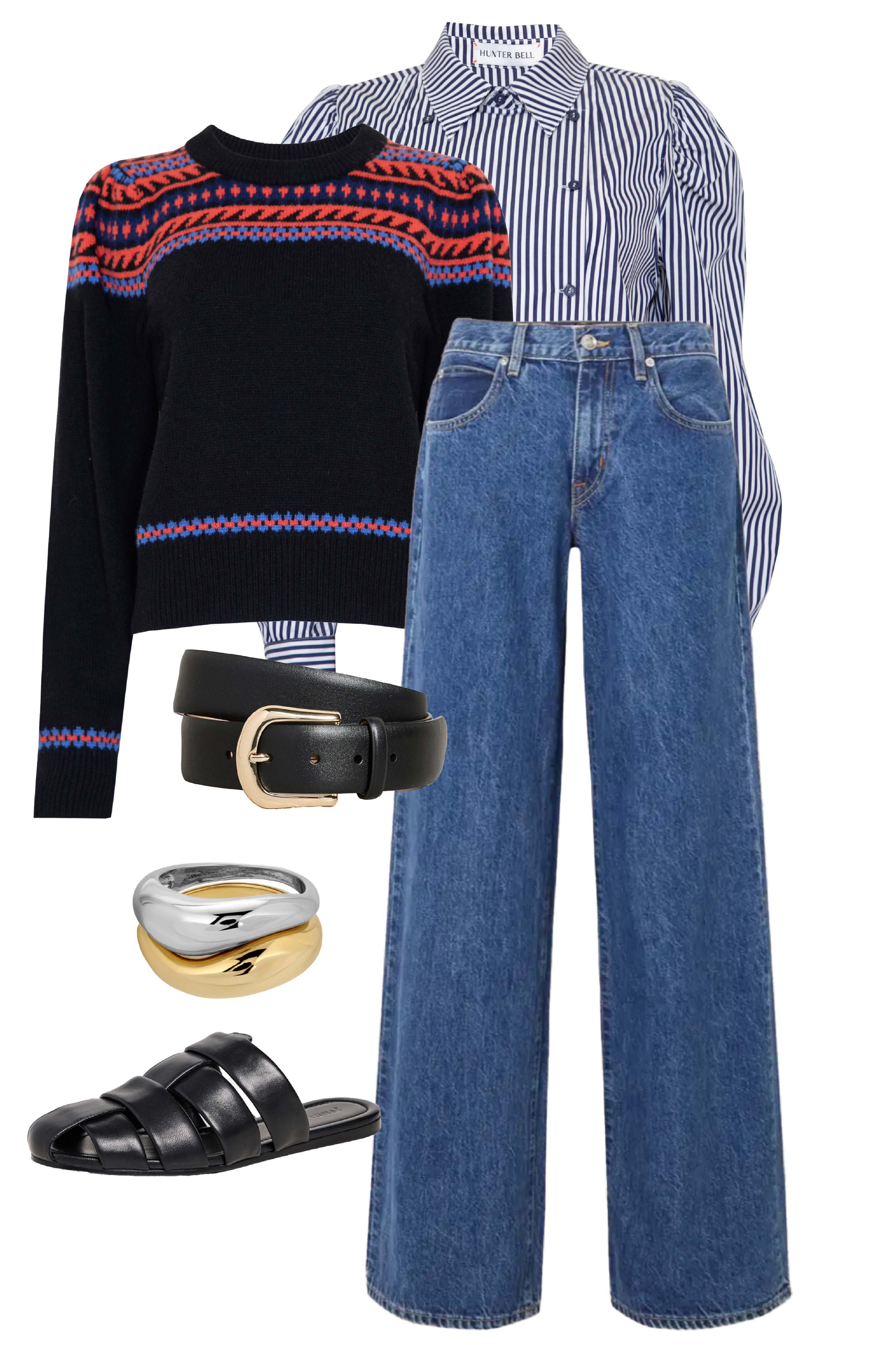 The Jackie fair isle sweater has a ribbed crew neckline and puff sleeves with ribbed cuffs.