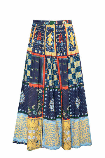 The Fallon patchwork midi skirt  has a banded, pleated waistline that creates a flattering fit.