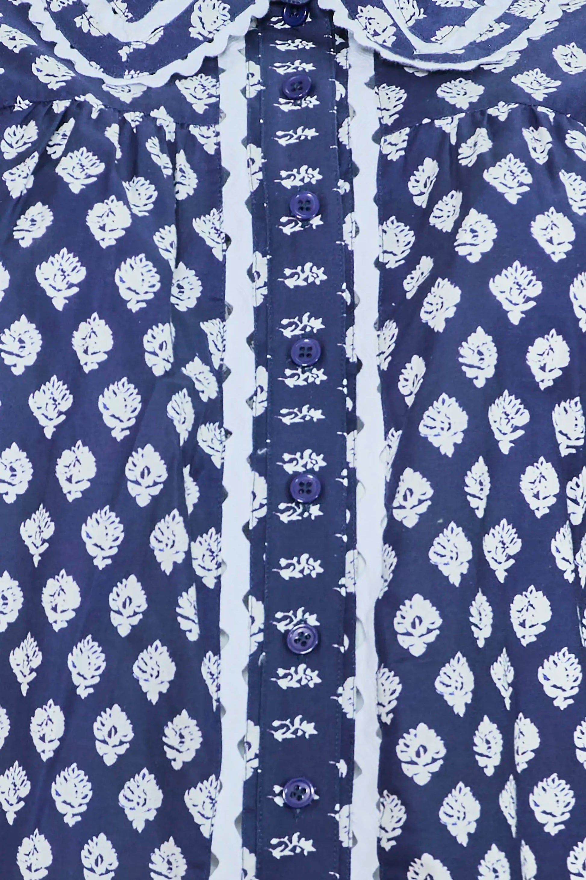 Close up of The Finch Top in Thistle & Vine Blue.