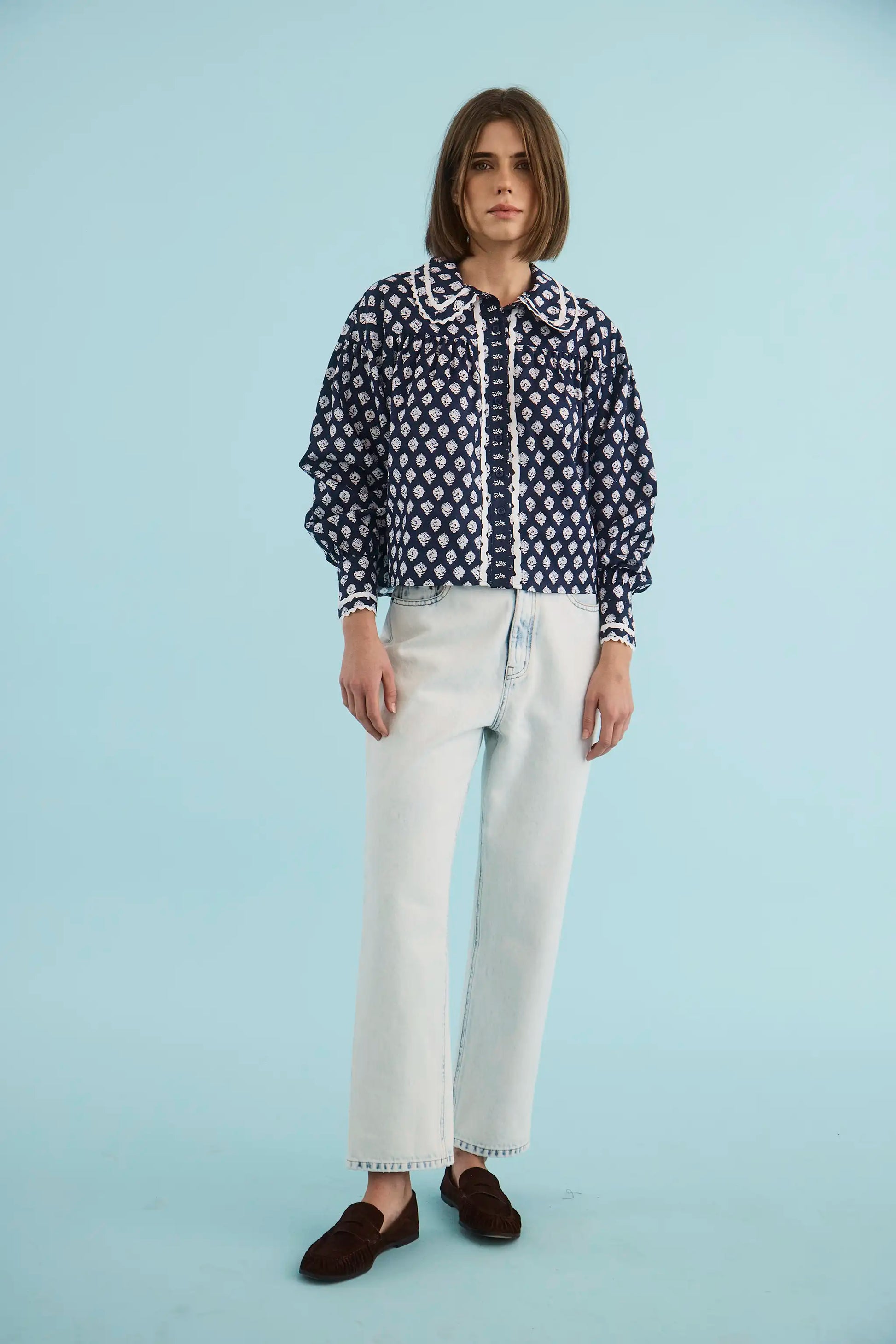 The Finch Top in Thistle & Vine Blue paired with the Wray Pant in Washed Blue Denim. 