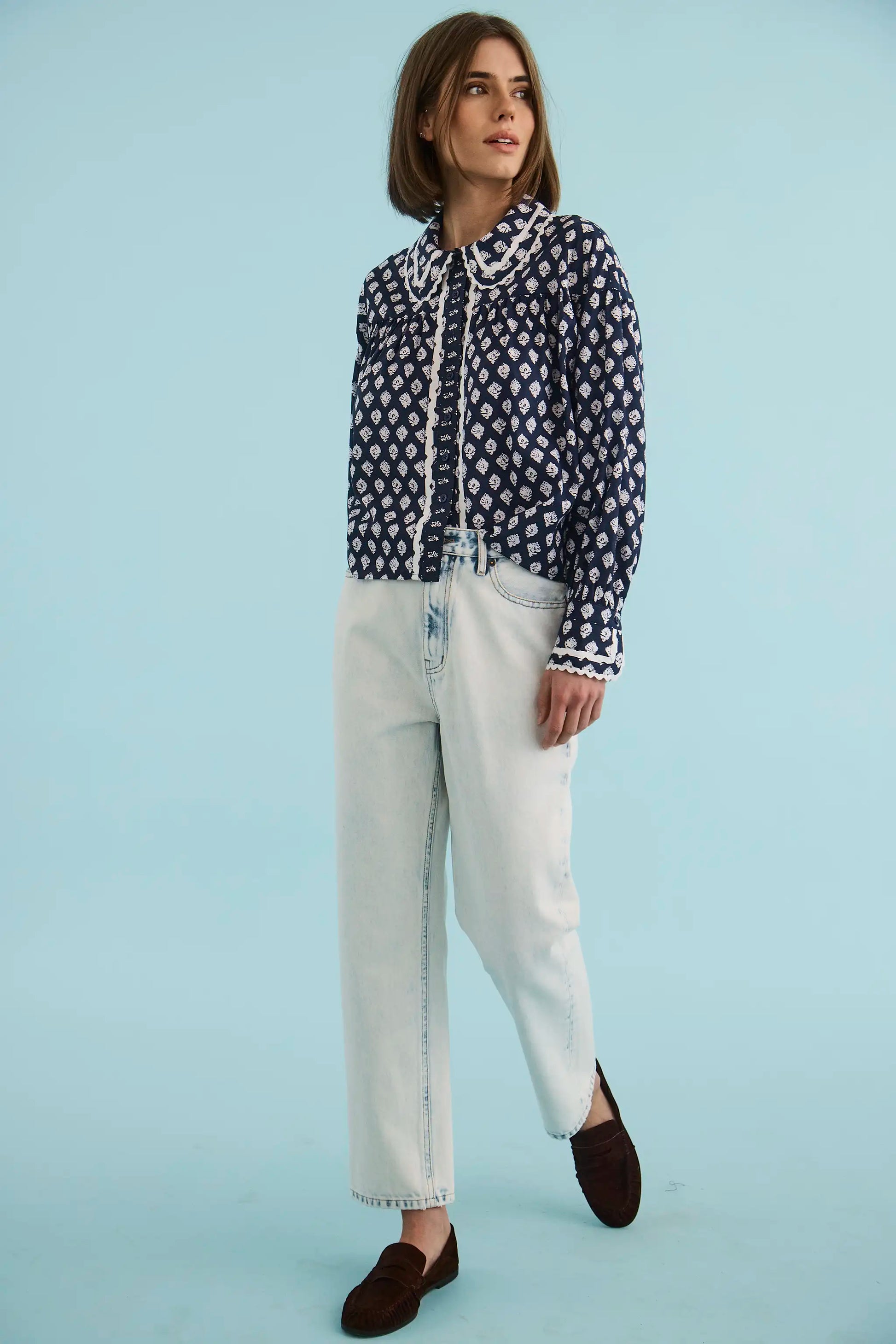 The Finch Top in Thistle & Vine Blue paired with the Wray Pant in Washed Blue Denim. 