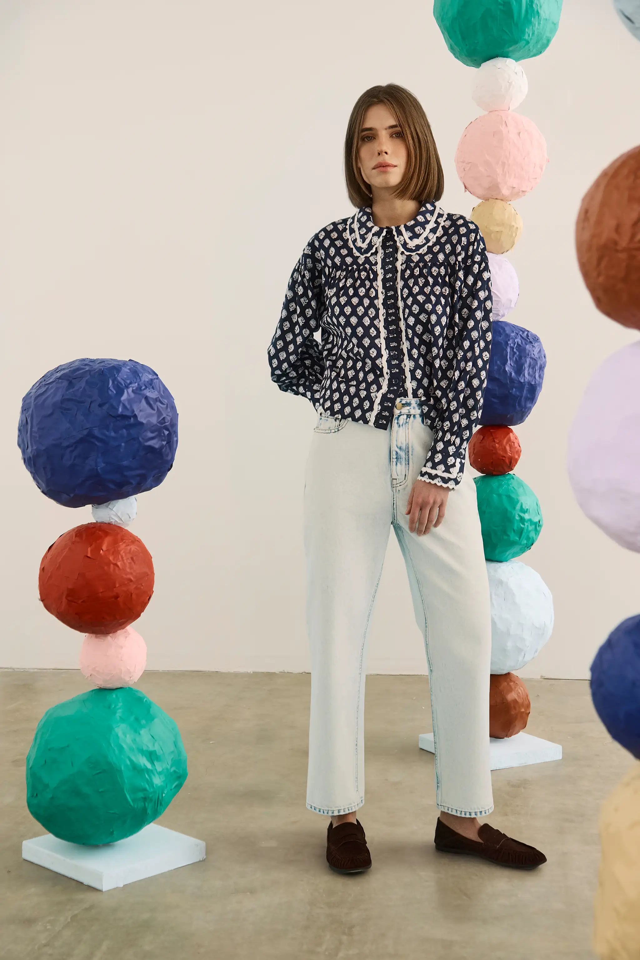 The Finch Top in Thistle & Vine Blue paired with the Wray Pant in Washed Blue Denim. 