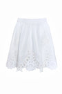 The Corrine Mini Skirt is in Battenberg white lace, clean waistband, and side-seam pockets.