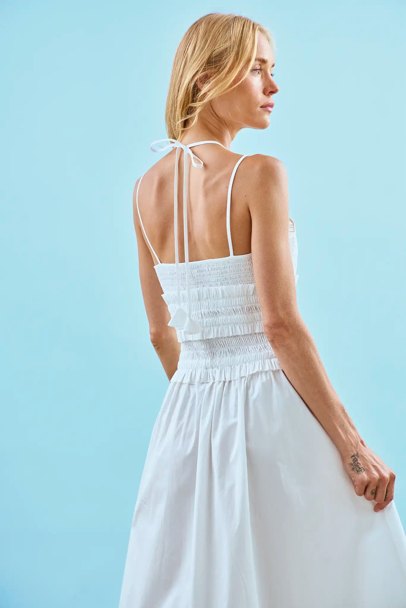 The Francie Dress in white on model