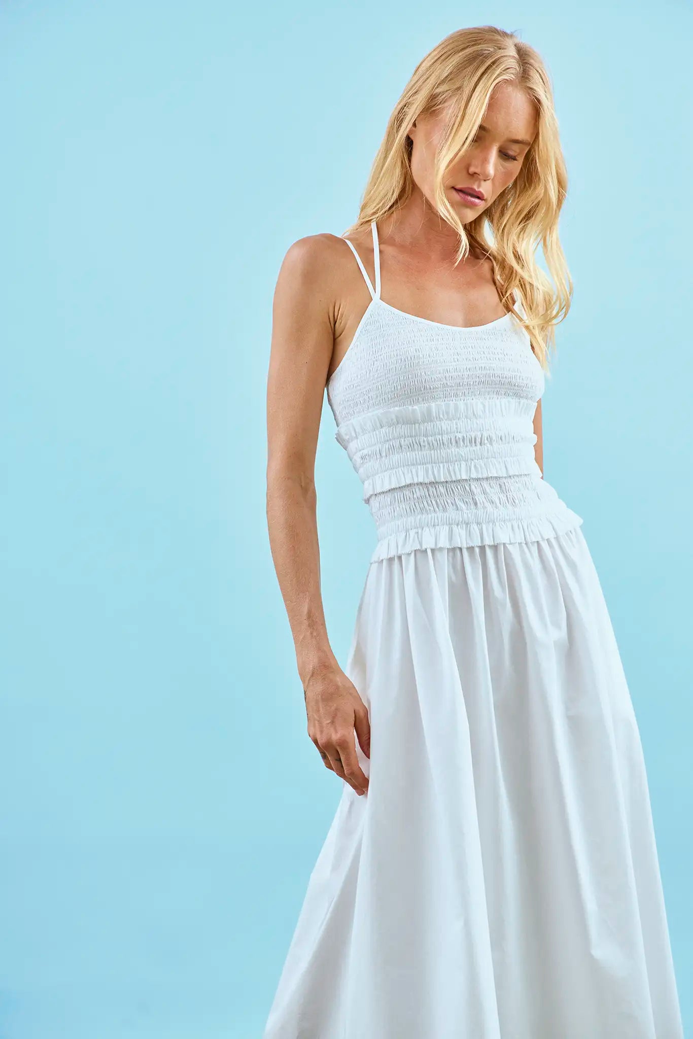 The Francie Dress in white on model