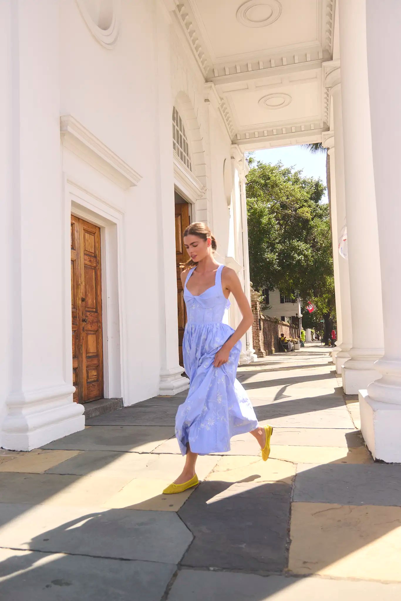 The Gracie Dress, midi dress with embroidery and full skirt, in Sullivan Stripe. 