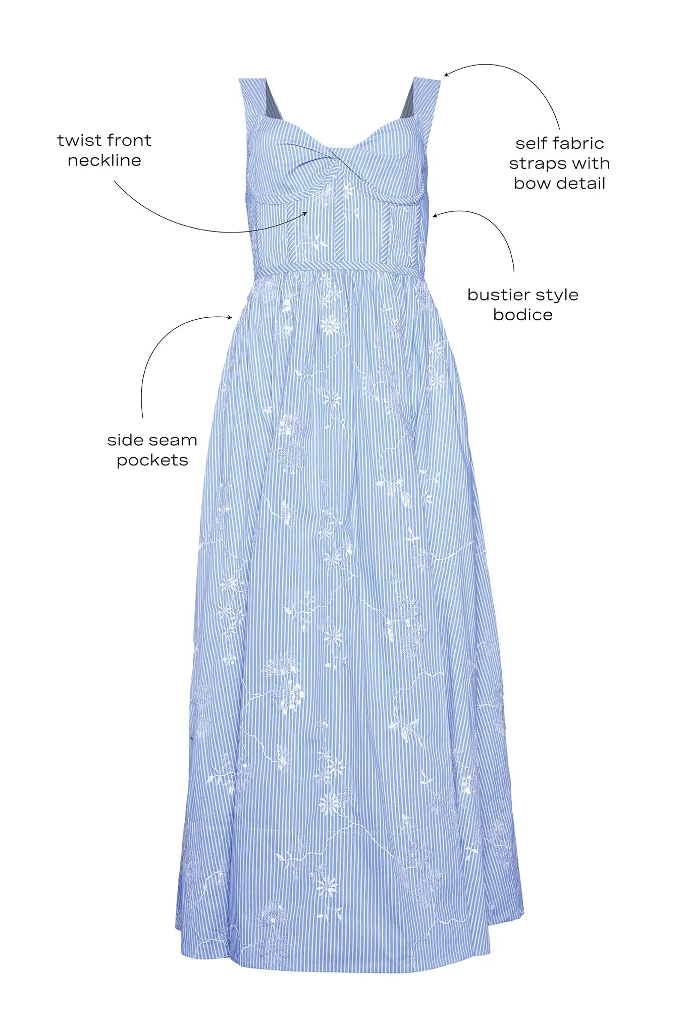 The Gracie Dress, midi dress with embroidery and full skirt, in Sullivan Stripe with call outs.