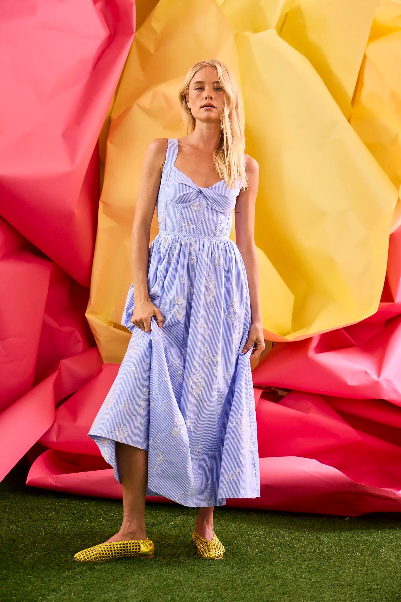 The Gracie Dress, midi dress with embroidery and full skirt, in Sullivan Stripe.