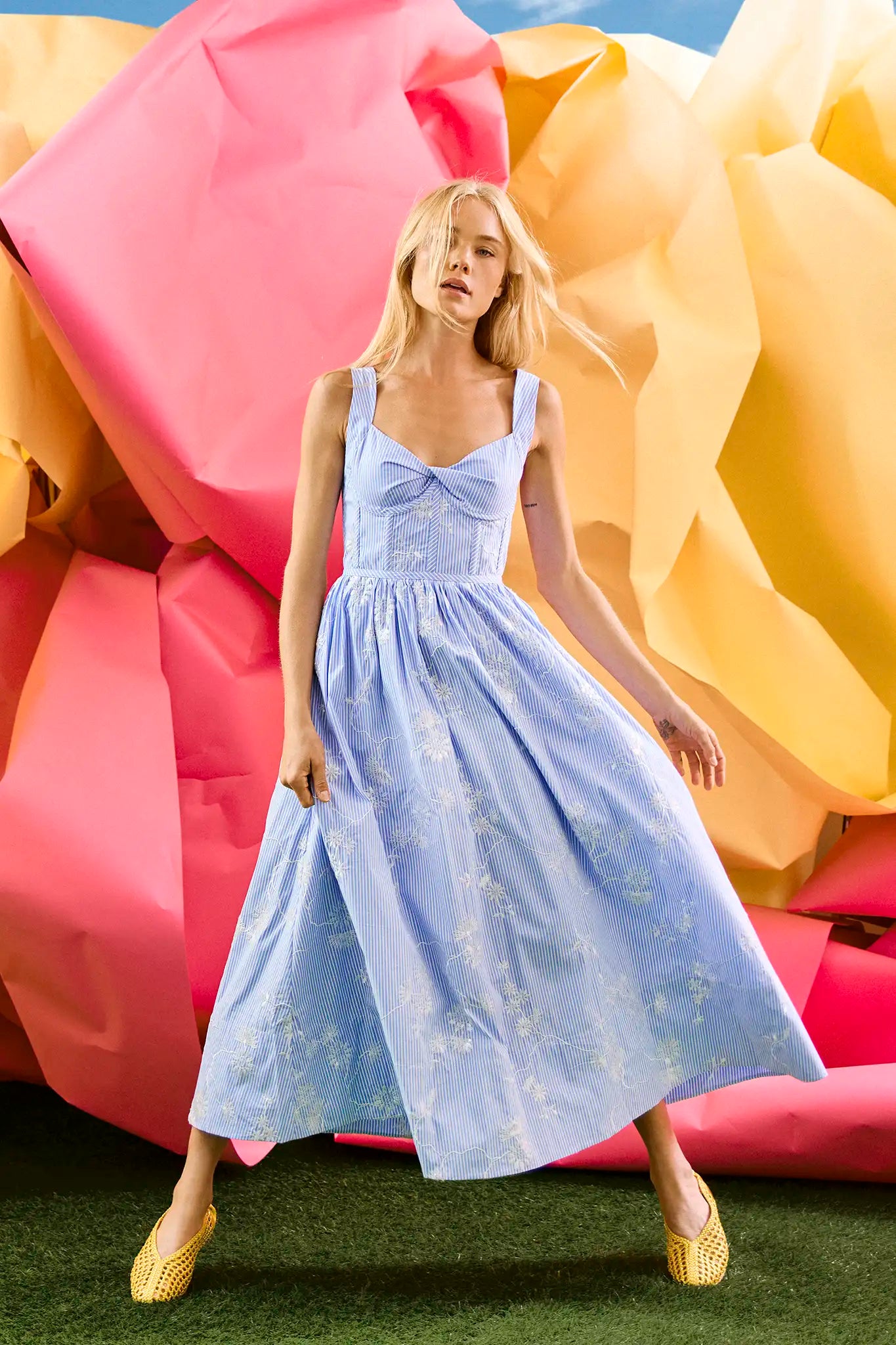 The Gracie Dress, midi dress with embroidery and full skirt, in Sullivan Stripe. 