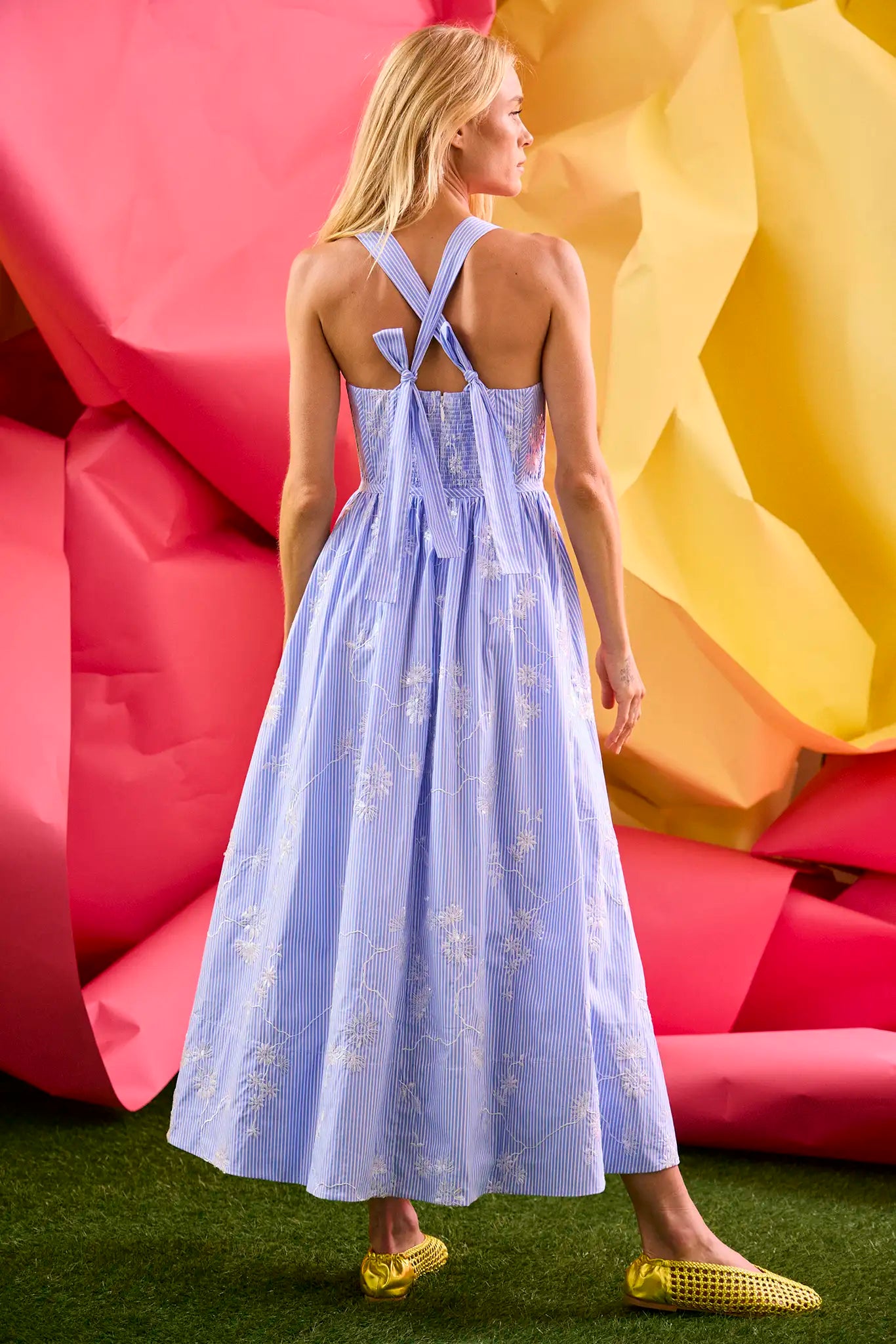 The Gracie Dress, midi dress with embroidery and full skirt, in Sullivan Stripe. 