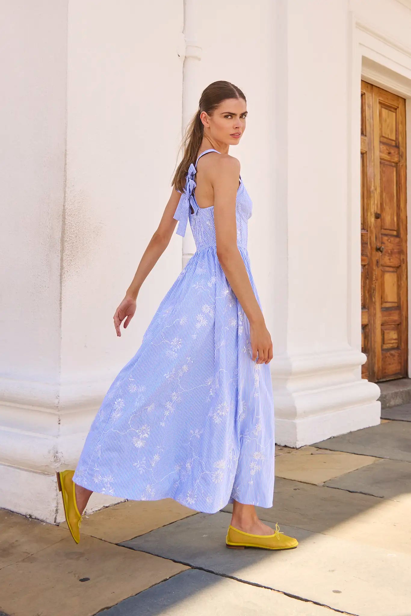 The Gracie Dress, midi dress with embroidery and full skirt, in Sullivan Stripe.