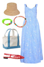 The Gracie Dress, midi dress with embroidery and full skirt, in Sullivan Stripe styled.