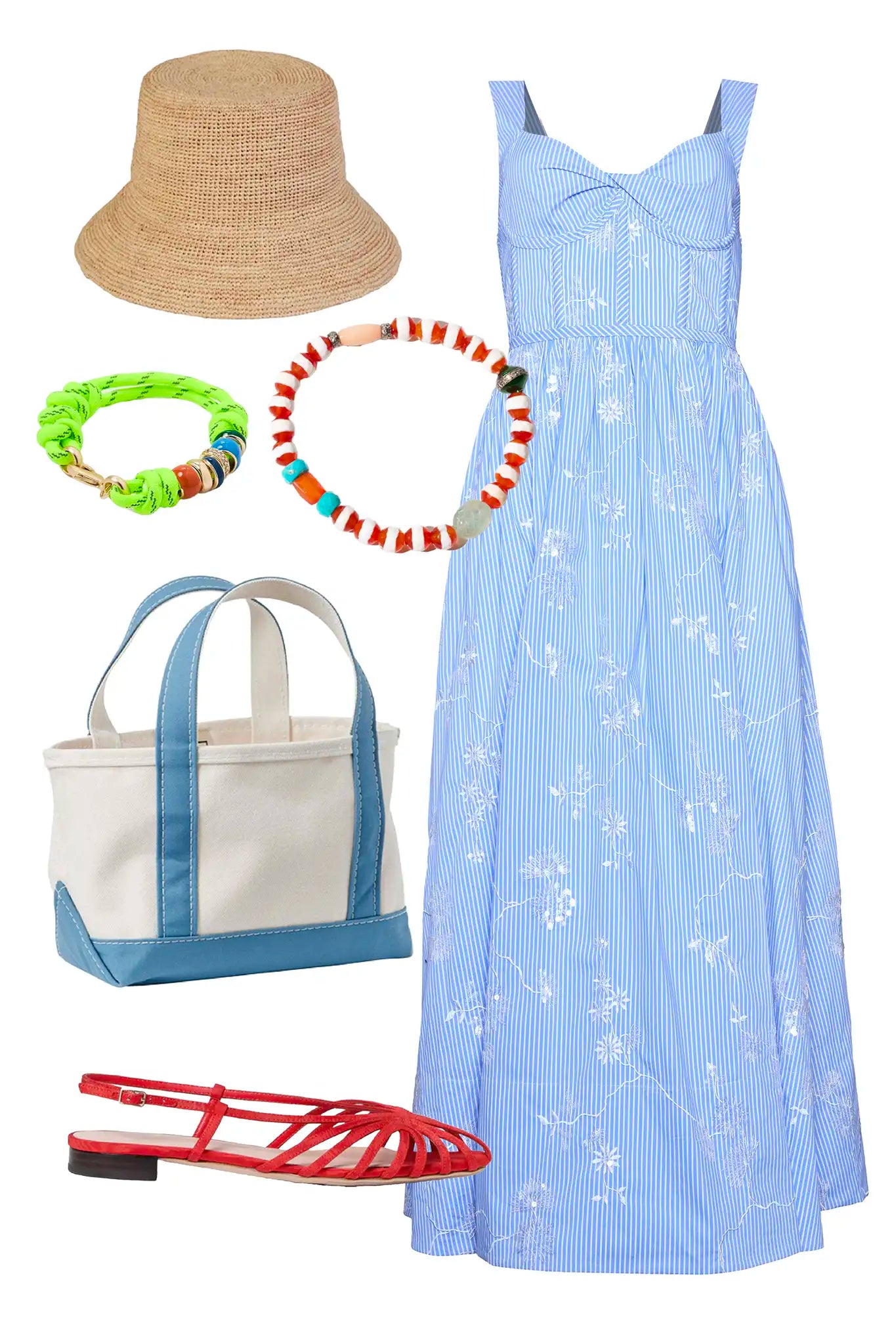 The Gracie Dress, midi dress with embroidery and full skirt, in Sullivan Stripe styled.
