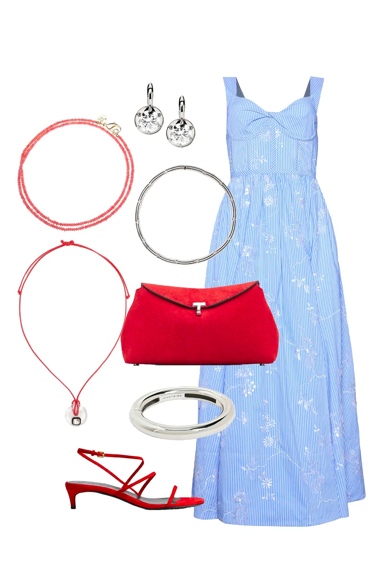 The Gracie Dress, midi dress with embroidery and full skirt, in Sullivan Stripe styled.