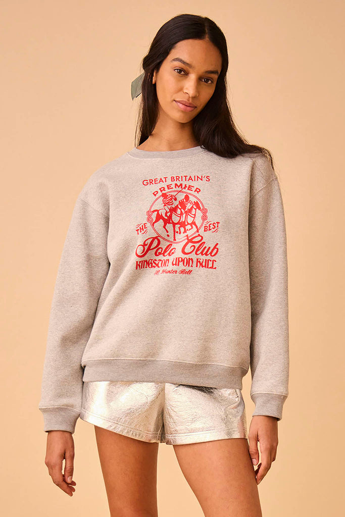 The HB Polo Club sweatshirt has a classic crew neckline and long sleeves with ribbed edges.