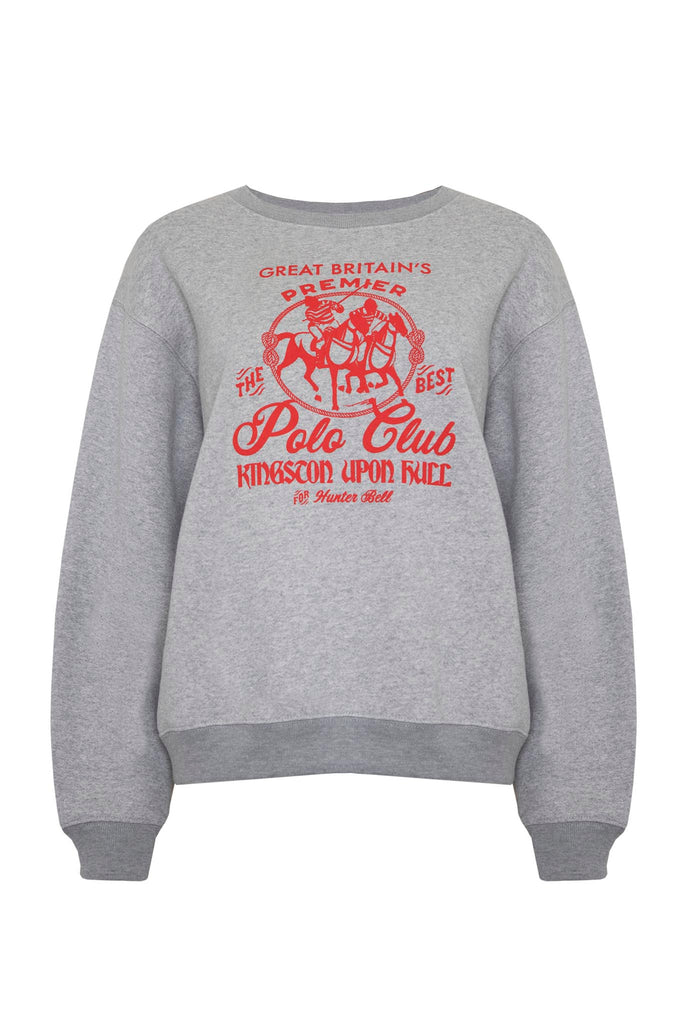 The HB Polo Club sweatshirt is a nod to vintage-inspired English polo clubs with a red polo logo.