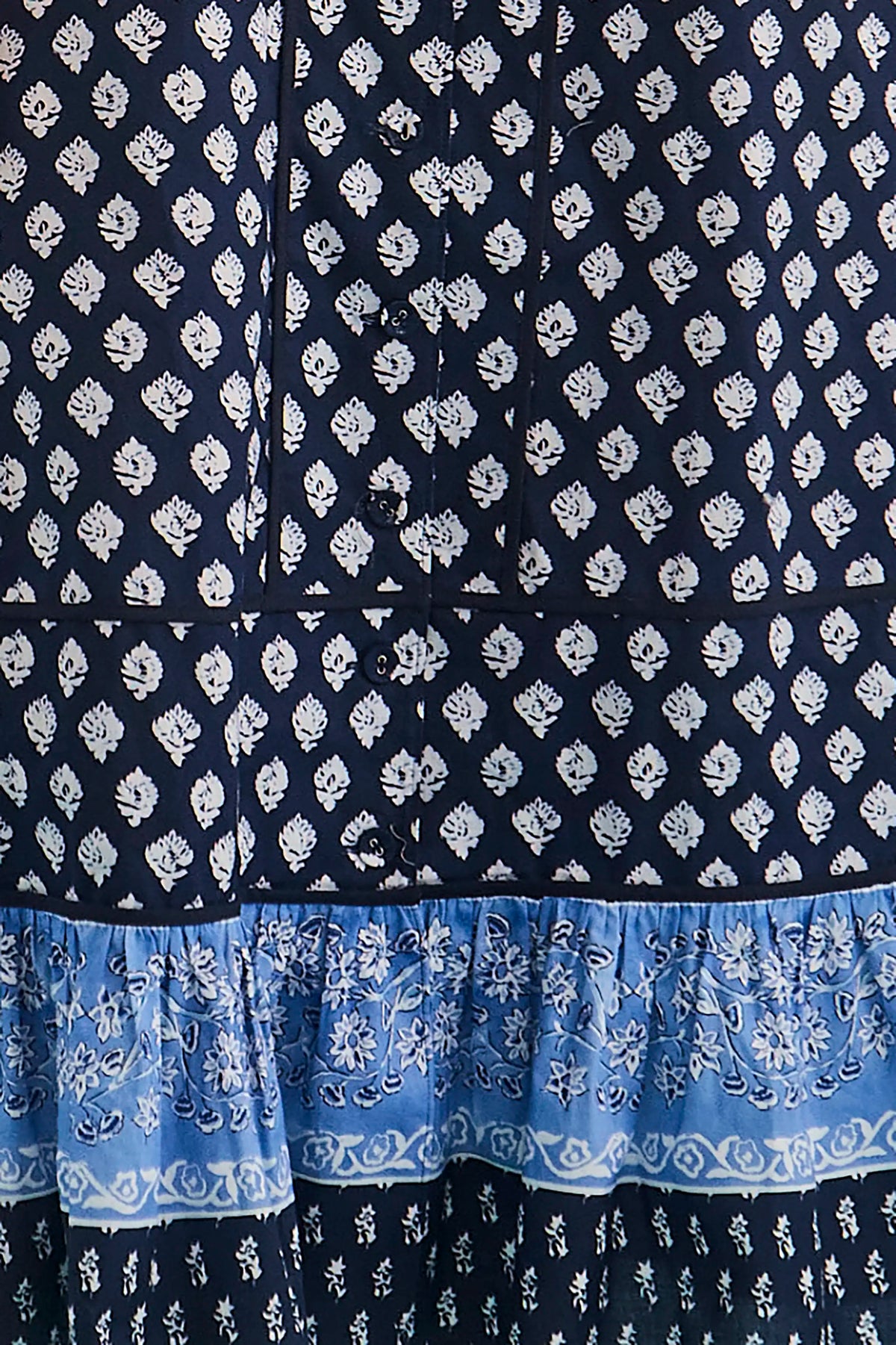 Close up of the Greta Dress in Thistle & Vine Blue. 