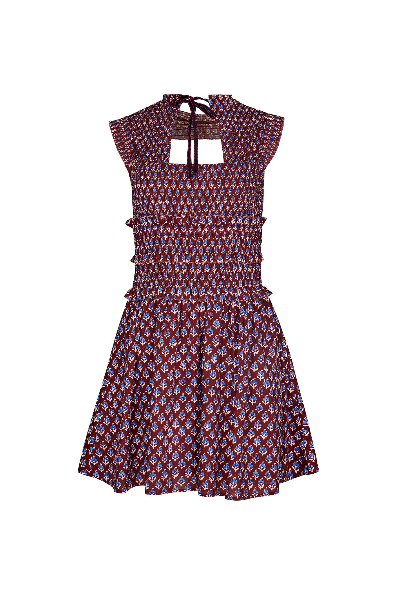 The Gweneth Dress is a sleeveless mini with a round neckline, long smocked bodice and a drop waist.