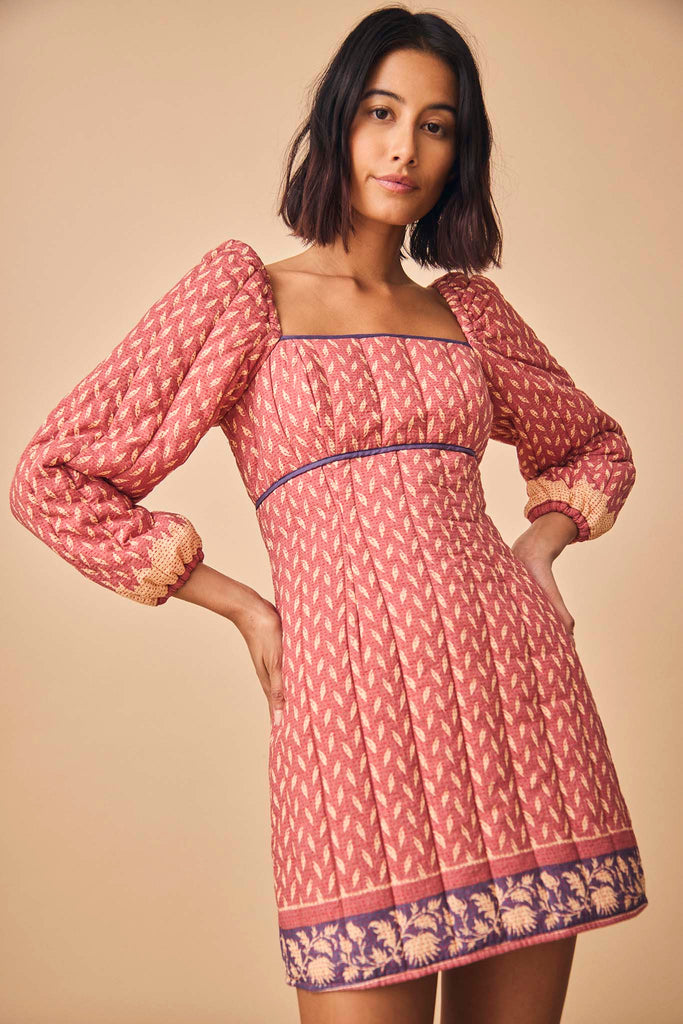 The Becks dress is a square neck mini, puff ¾ length-sleeve mini shown in a new patina border print.