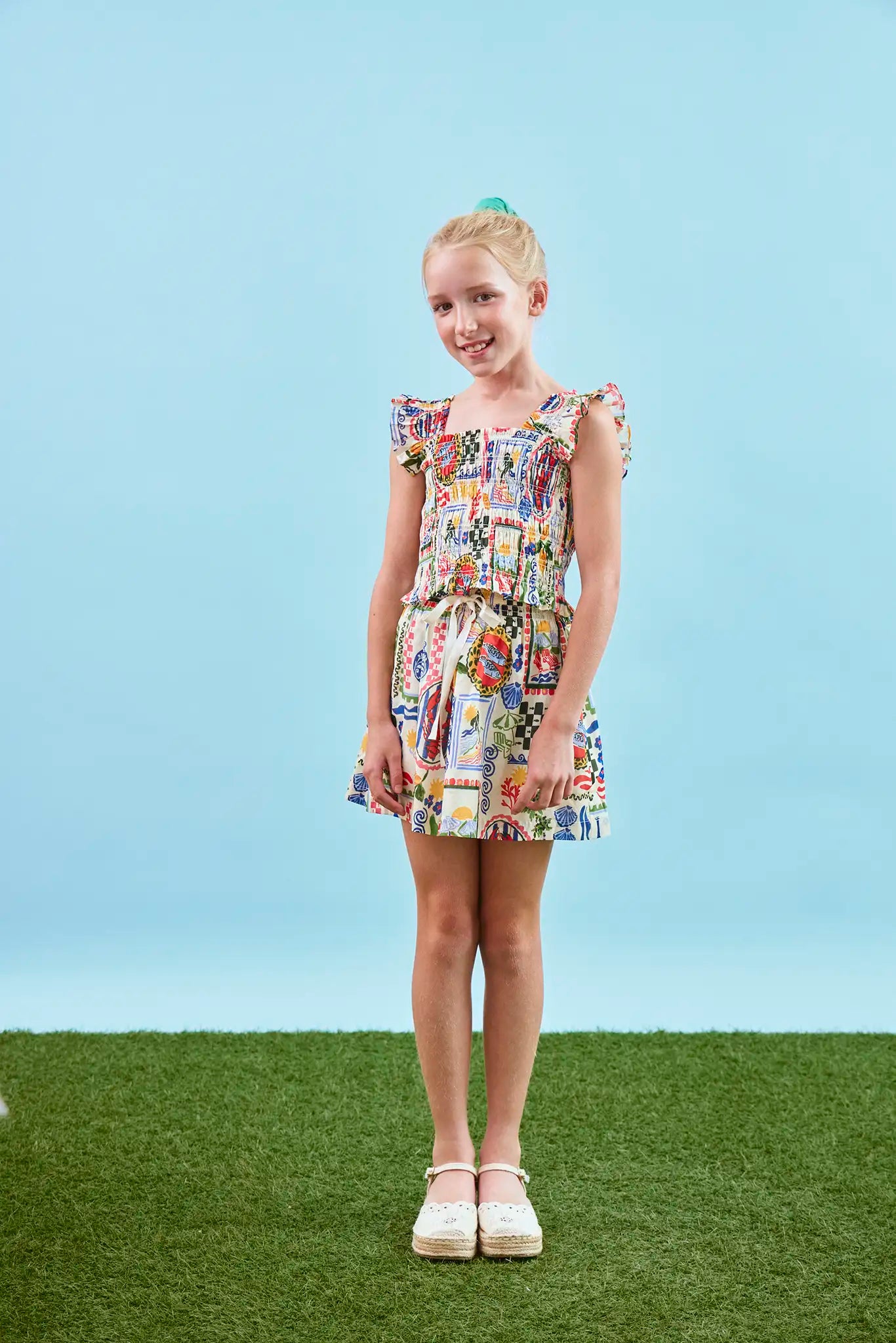 The Rosie Skirt in Coastal Conversation paired with matching Harper Top