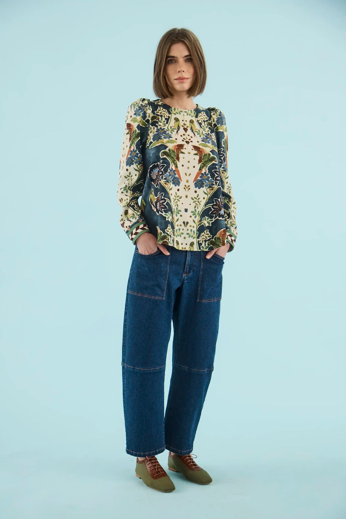 The Harris Top in Birds of a Feather Navy paired with the Mallory Pant in Blue Ridge Denim. 