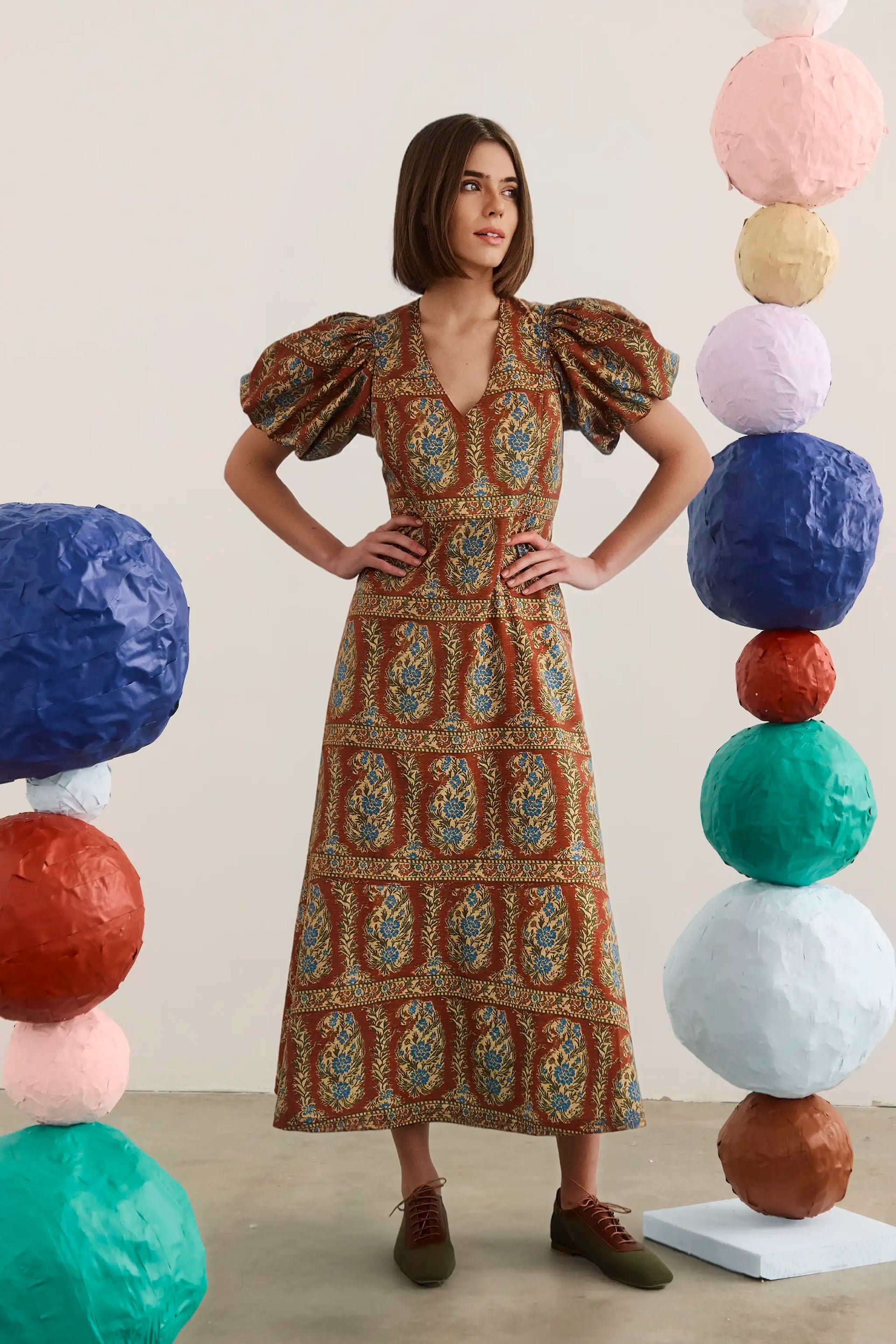 Harrison Dress | Puff Sleeve V-Neck Midi Dress | Hunter Bell