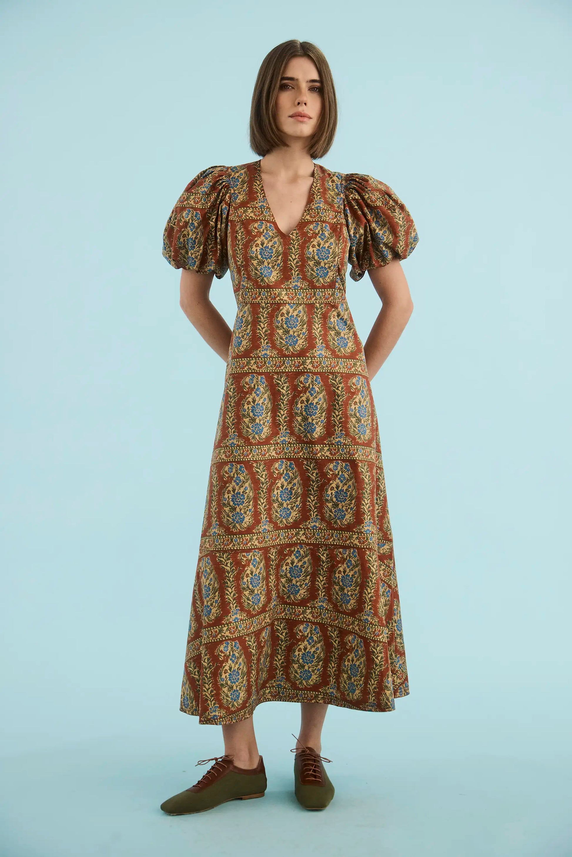 Harrison Dress | Puff Sleeve V-Neck Midi Dress
