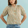 The Hartley Top in Coral Multi, puff sleeve blouse with coral buttons.