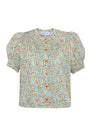 The Hartley Top in Coral Multi, puff sleeve blouse with coral buttons.