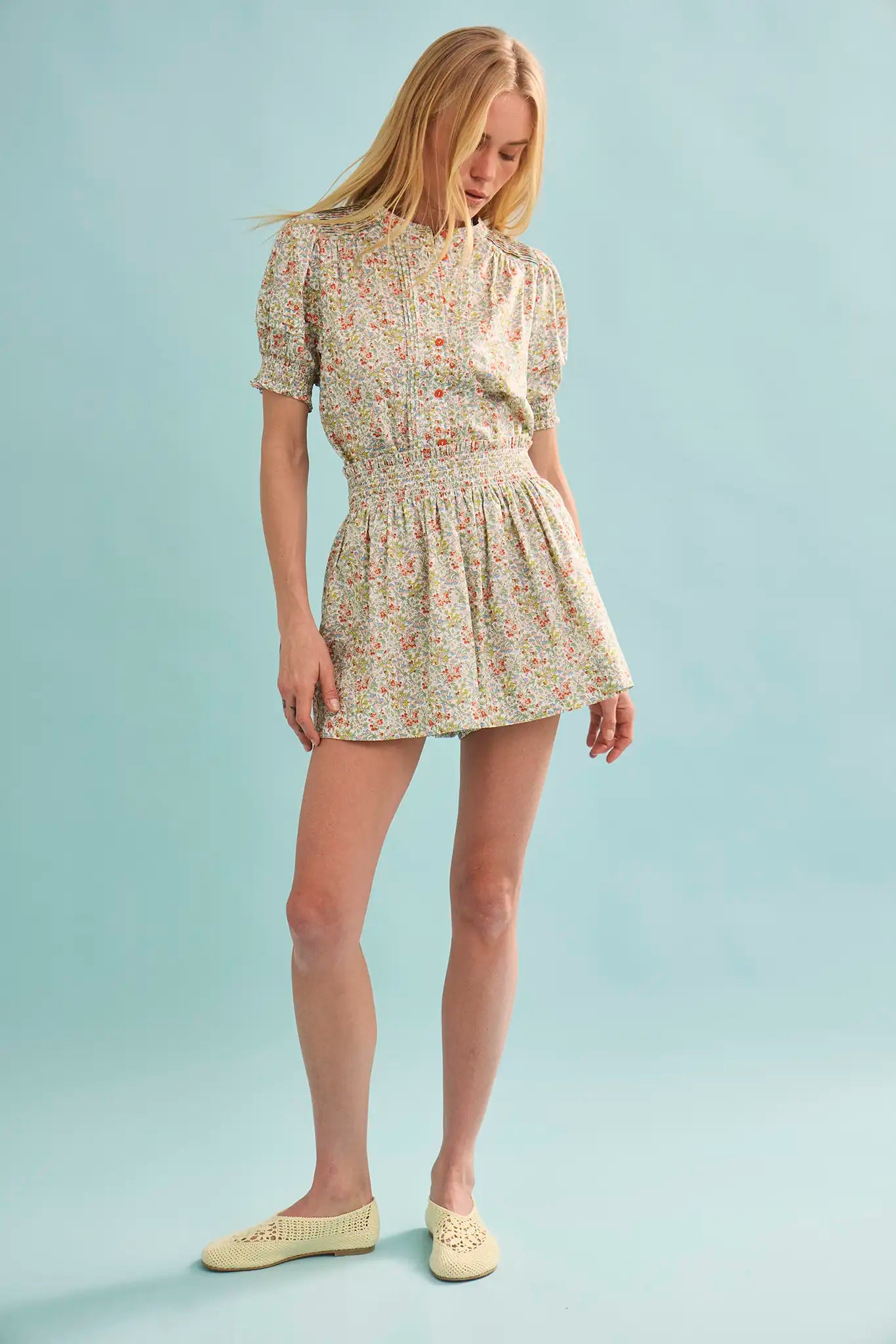 The Hartley Top in Coral Multi, puff sleeve top with coral buttons paired with matching Jemma Short.