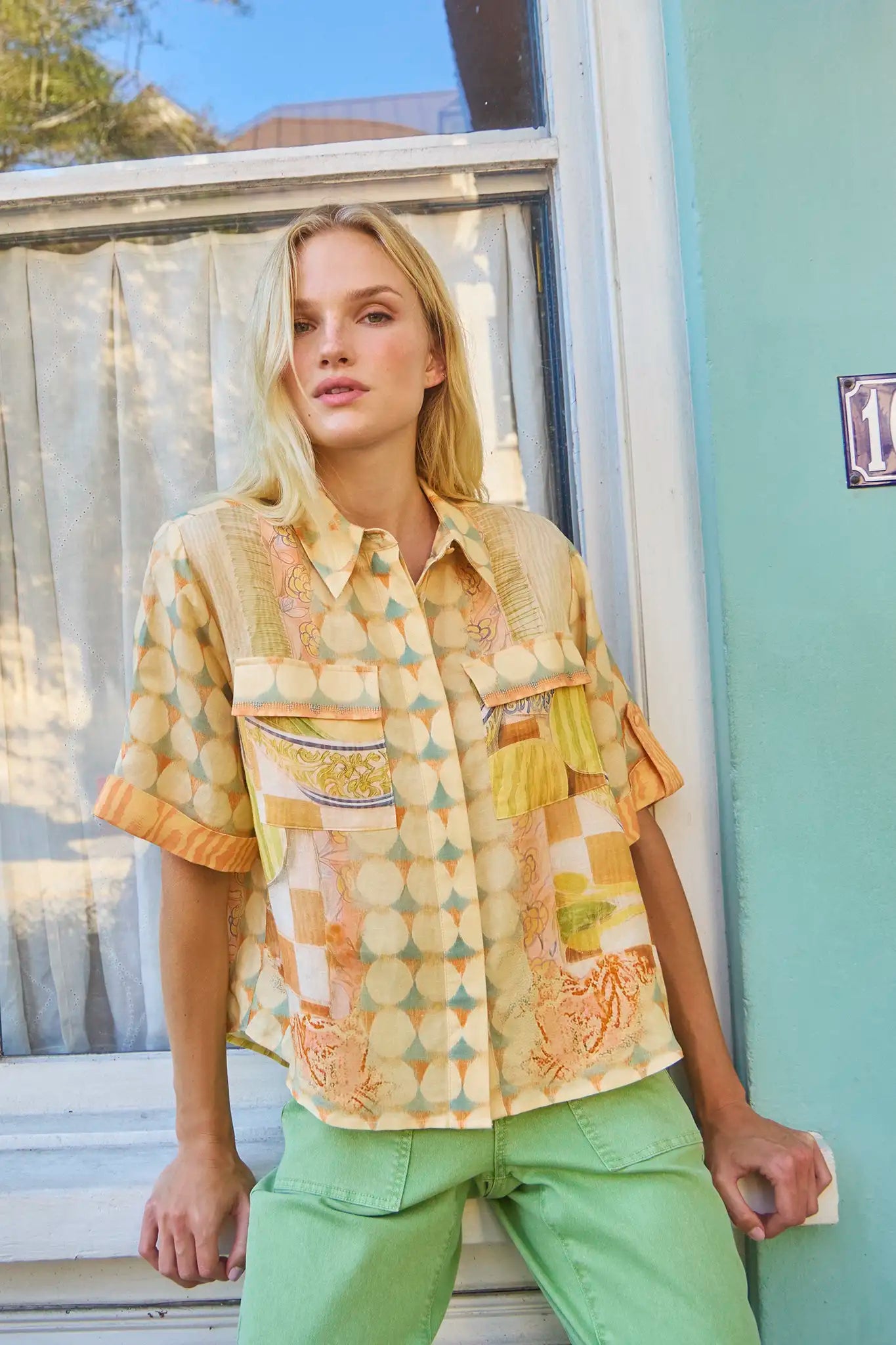 The Hawkins Shirt in Still Life Symphony paired with Mallory Jeans in Leaf Green Denim.