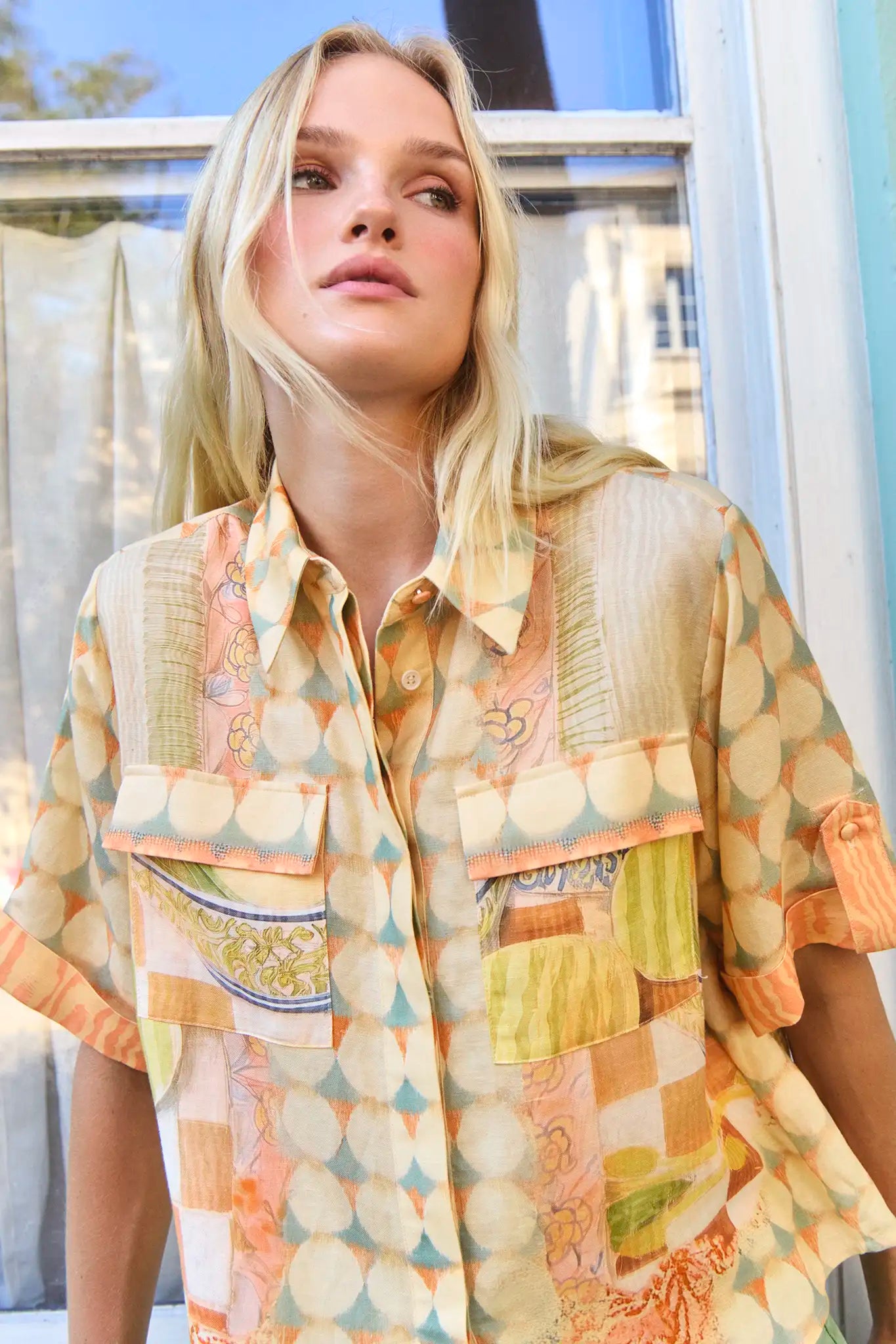 The Hawkins Shirt in Still Life Symphony paired with Mallory Jeans in Leaf Green Denim.