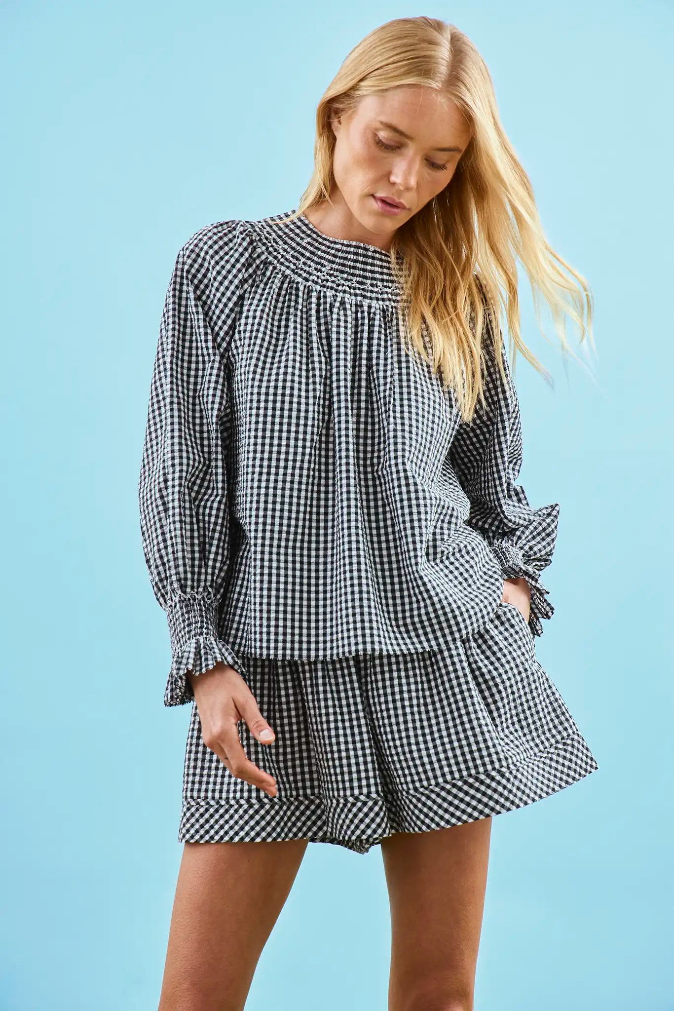 The Hayes Blouse in Black and White Gingham paired with matching Jemma Shorts
