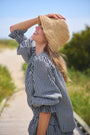 The Hayes Blouse in Black and White Gingham paired with matching Jemma Shorts paired with straw hat